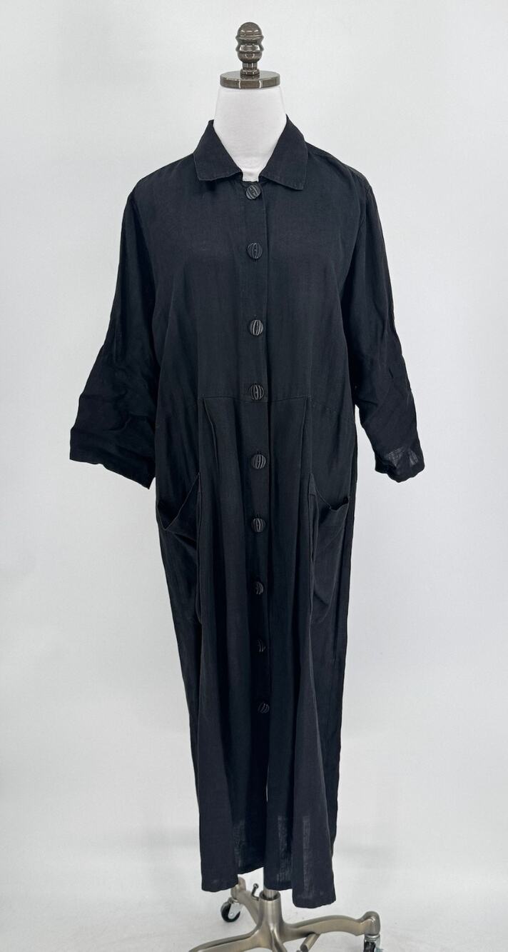 Flax Womens Black Linen Collared 3/4 Sleeve Button Midi Lagenlook Dress Sz S